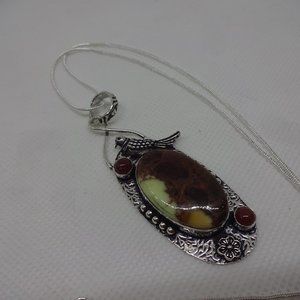 Unique "COCONUT JASPER & CARNELIAN" Handmade Sterling BIRD Pendant/Chain #803